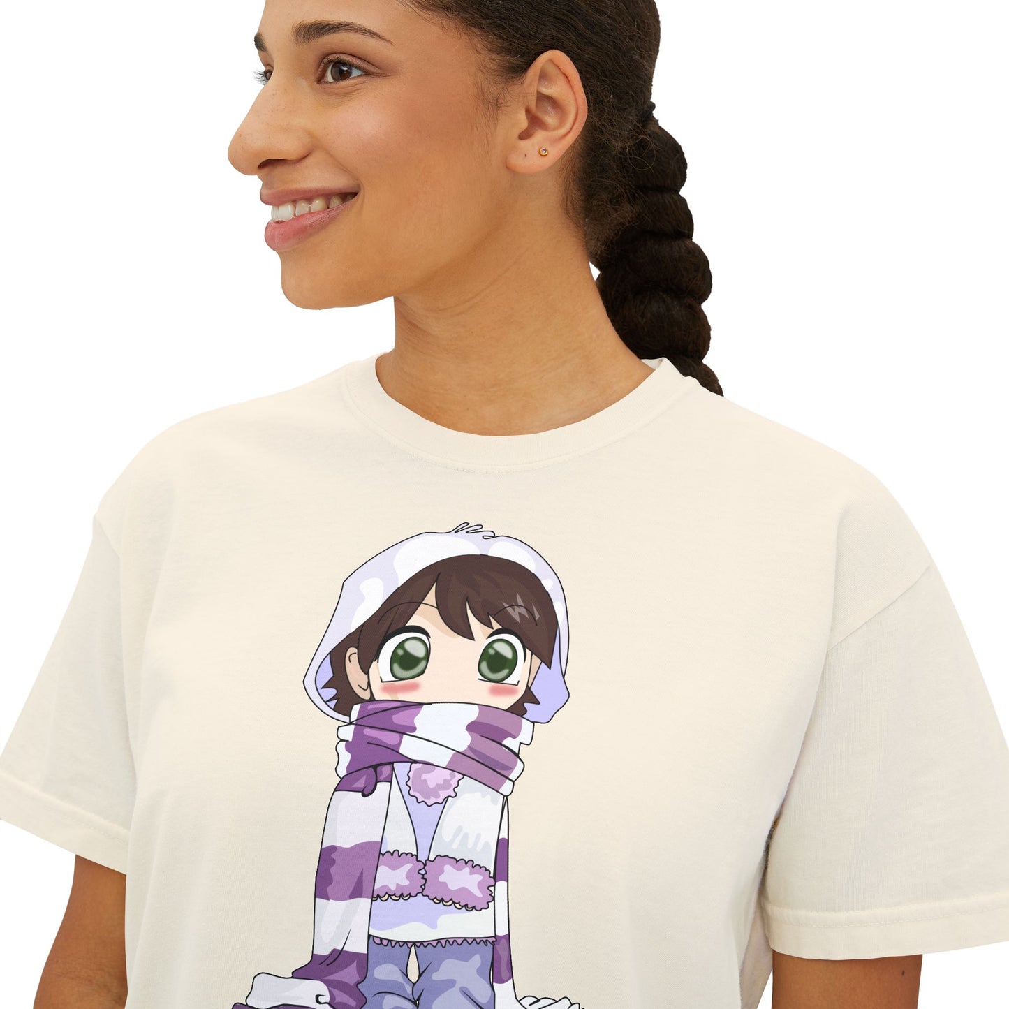 Cute Cartoon Scarf Women's Boxy Tee - Cozy & Stylish Casual Wear