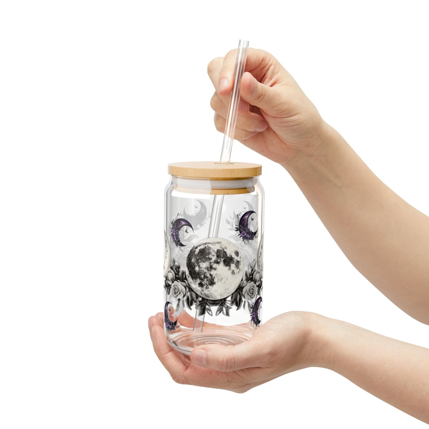 Moon Phase Floral Sipper Glass 16oz - Eco-Friendly Drinkware