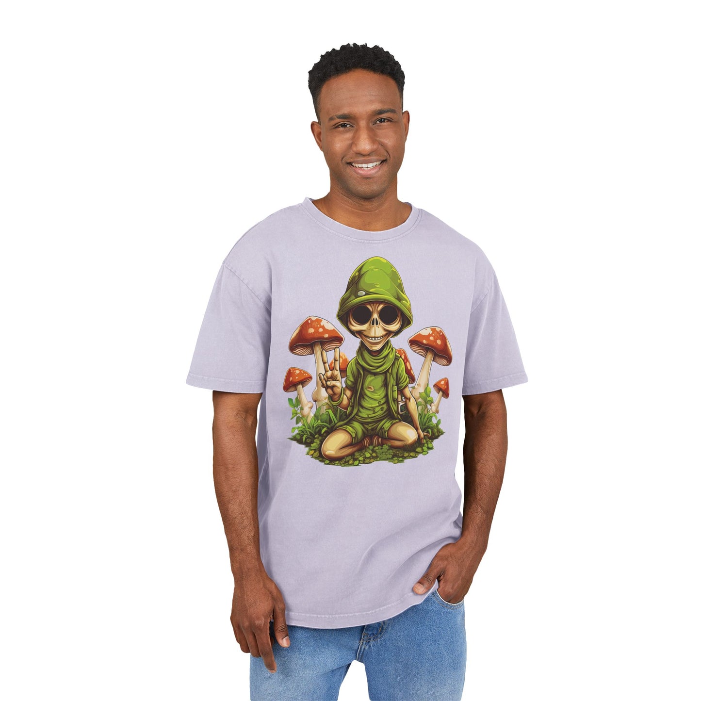 Acid Washed Oversize Tee with Alien and Mushroom Design