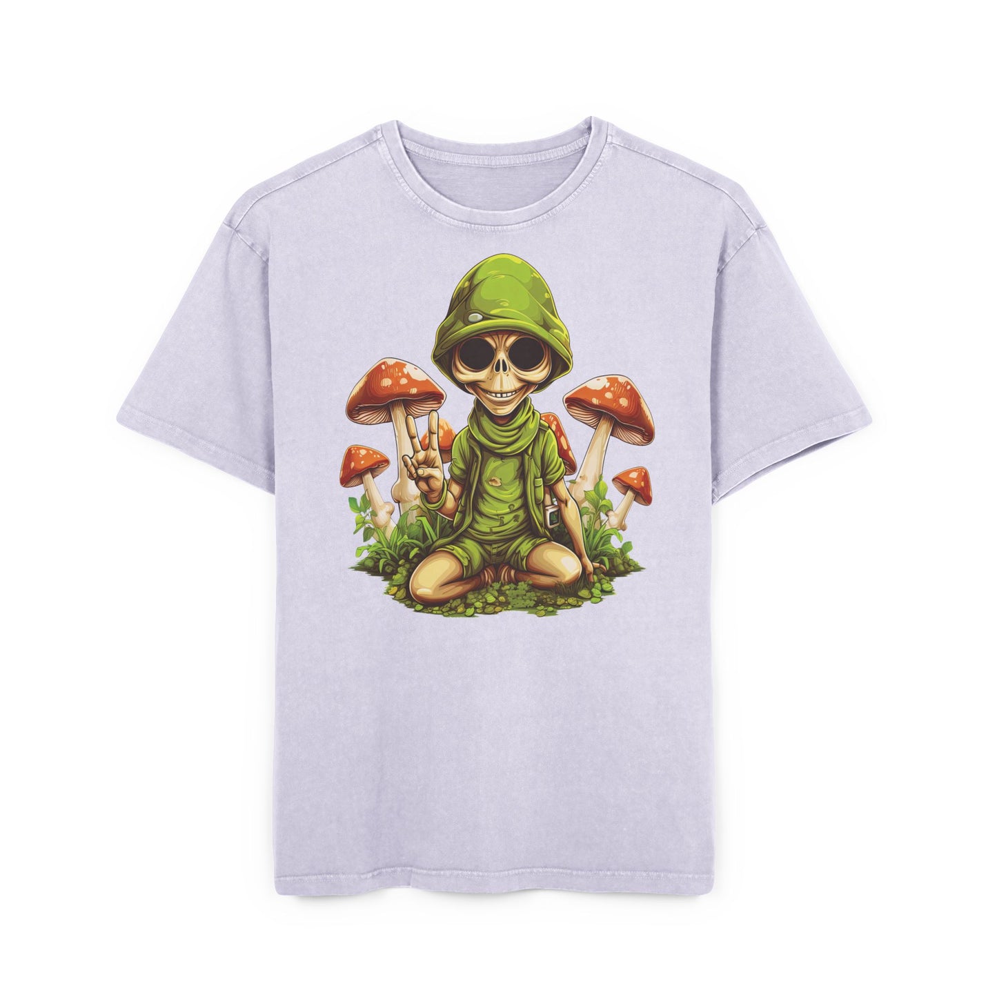 Acid Washed Oversize Tee with Alien and Mushroom Design
