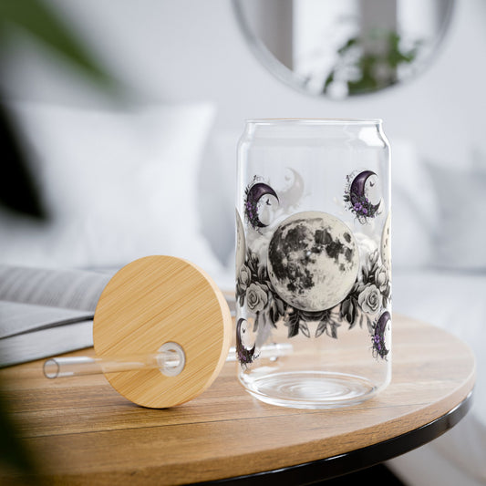 Moon Phase Floral Sipper Glass 16oz - Eco-Friendly Drinkware