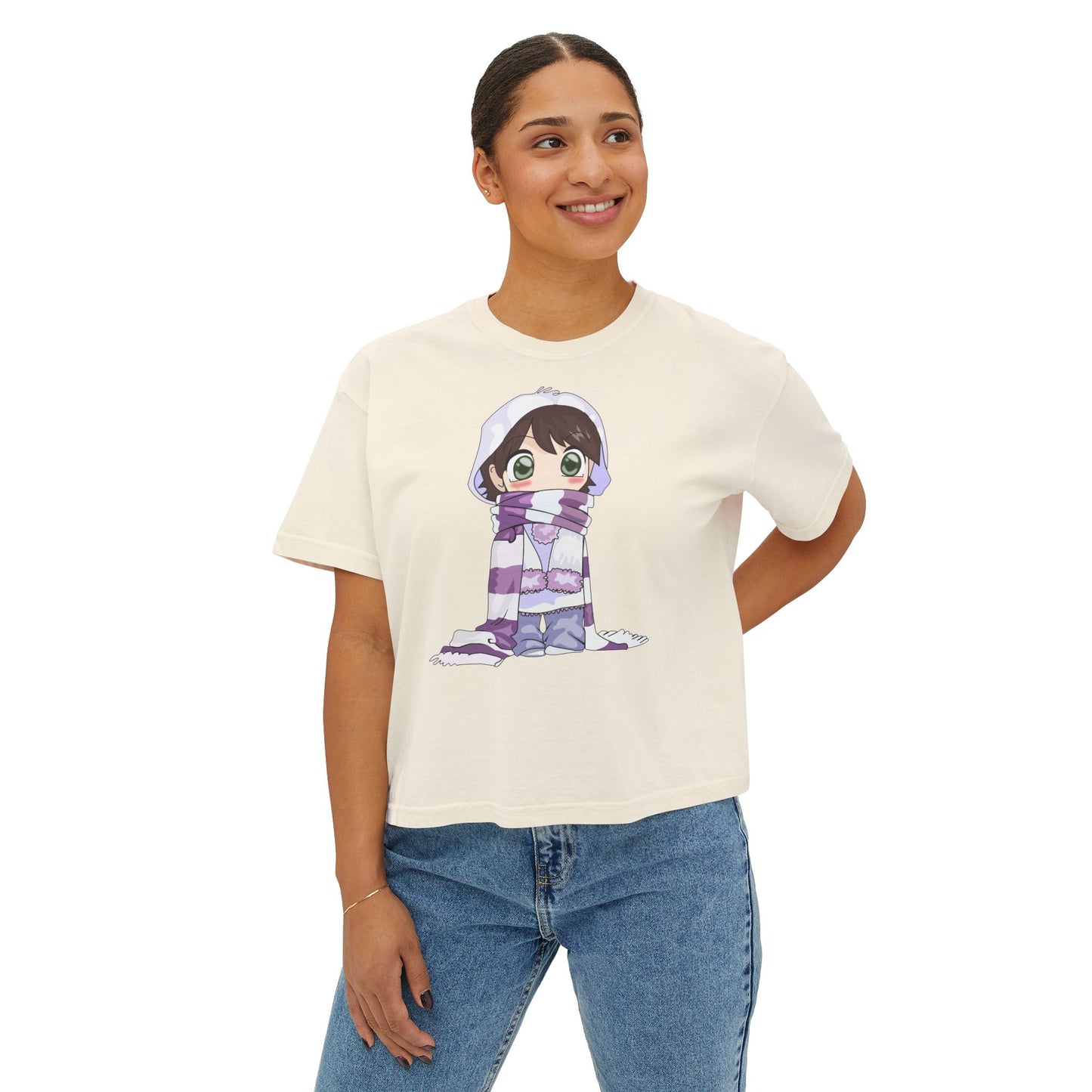Cute Cartoon Scarf Women's Boxy Tee - Cozy & Stylish Casual Wear