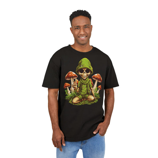 Acid Washed Oversize Tee with Alien and Mushroom Design