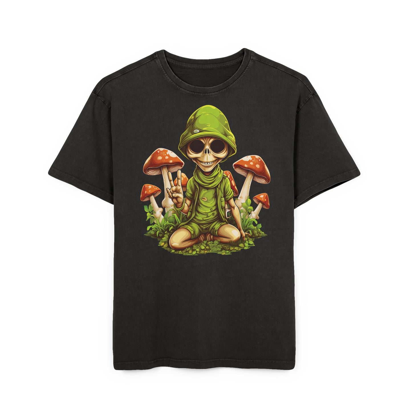 Acid Washed Oversize Tee with Alien and Mushroom Design